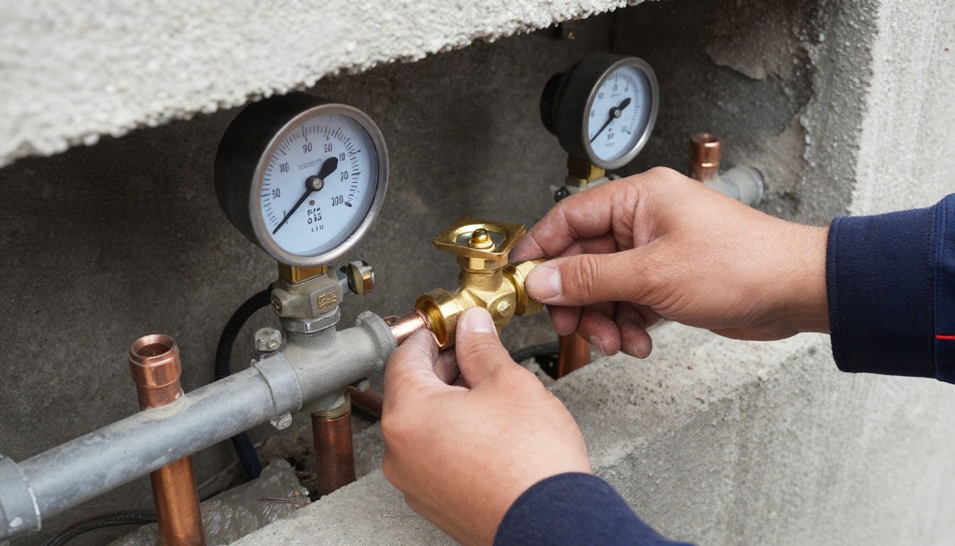 Close-up of a plumber’s gloved hands installing a new brass ball valve and Type L copper domestic water riser connection inside a condominium service shaft, with pressure gauge and insulation visible nearby