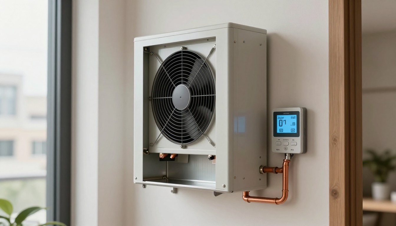 Close-up of a Honeywell T6 Pro thermostat screen displaying cooling settings, mounted on a condo wall with a city view window visible