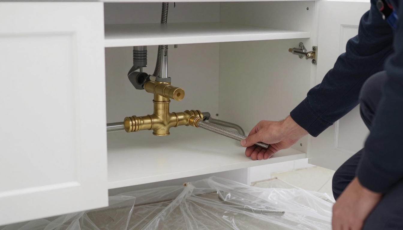 Close view of a condominium bathroom vanity with brass angle stops, braided supply hoses and a licensed plumber working under drop sheets beside an open cabinet