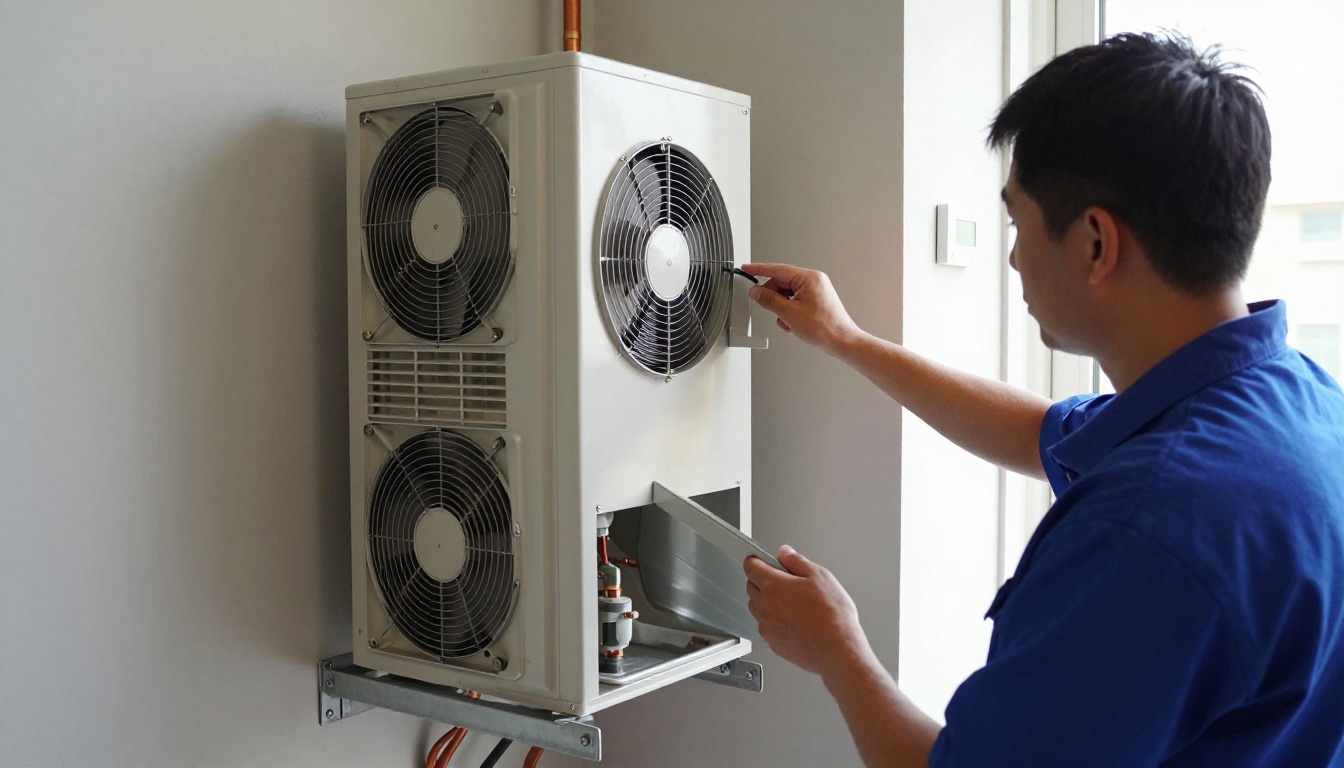 A Hudson HVAC technician inspecting a boiler in a modern condo mechanical room A Hudson HVAC technician inspecting a boiler in a modern condo mechanical room