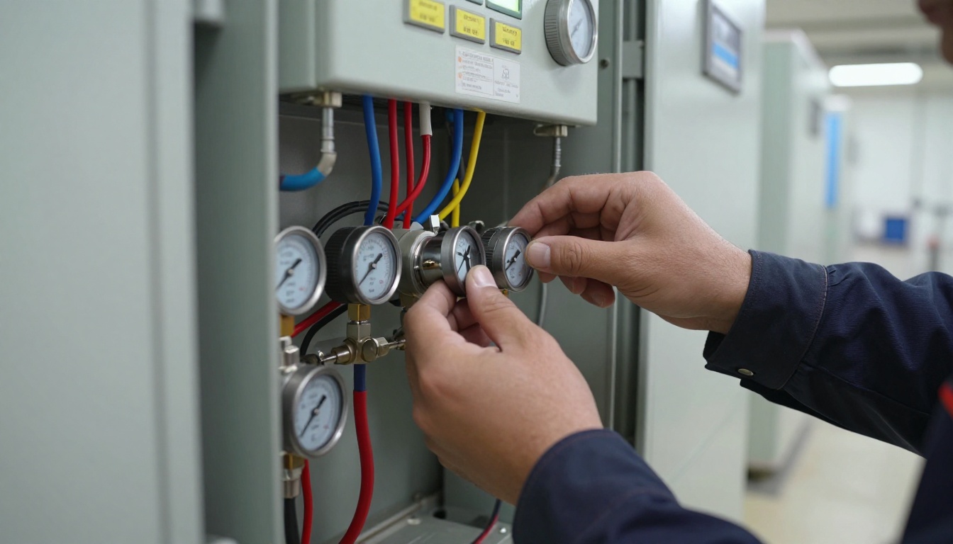 Technician’s gloved hands inspecting and servicing a condo building chiller control section in an indoor mechanical room, showing gauges, wiring, and tools with no face visible