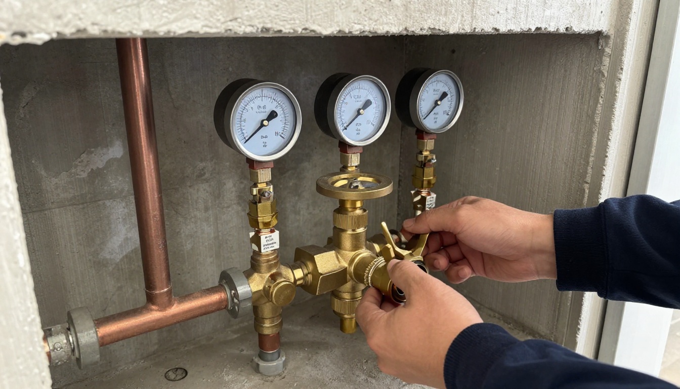 Brass pressure reducing valve assembly on a domestic water main in an older condominium mechanical room, with copper piping, pressure gauges and nearby isolation valves Brass pressure reducing valve assembly on a domestic water main in an older condominium mechanical room, with copper piping, pressure gauges and nearby isolation valves