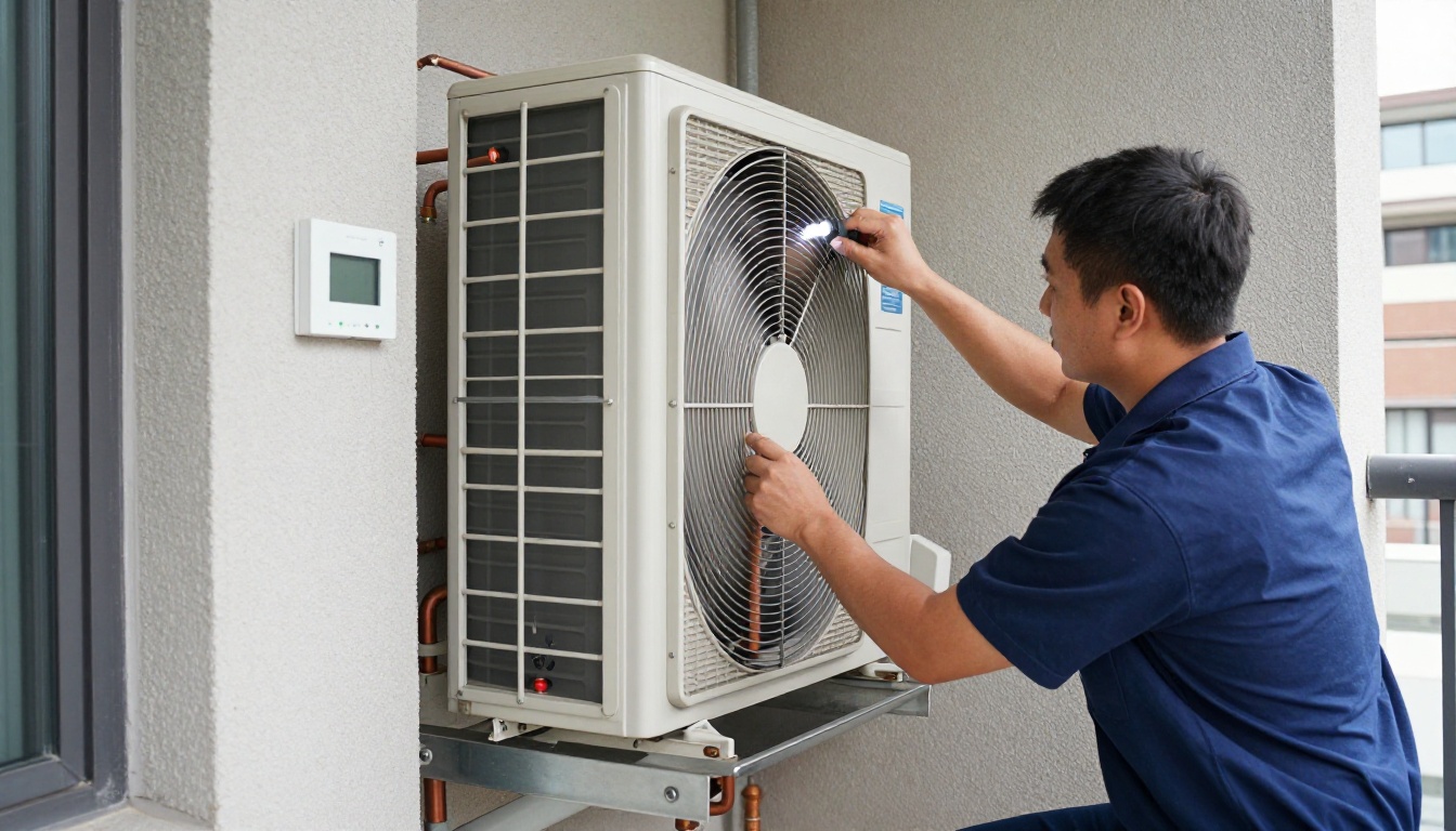 A Hudson HVAC technician inspecting a condo fan coil unit with a flashlight in a Toronto high-rise A Hudson HVAC technician inspecting a condo fan coil unit with a flashlight in a Toronto high-rise