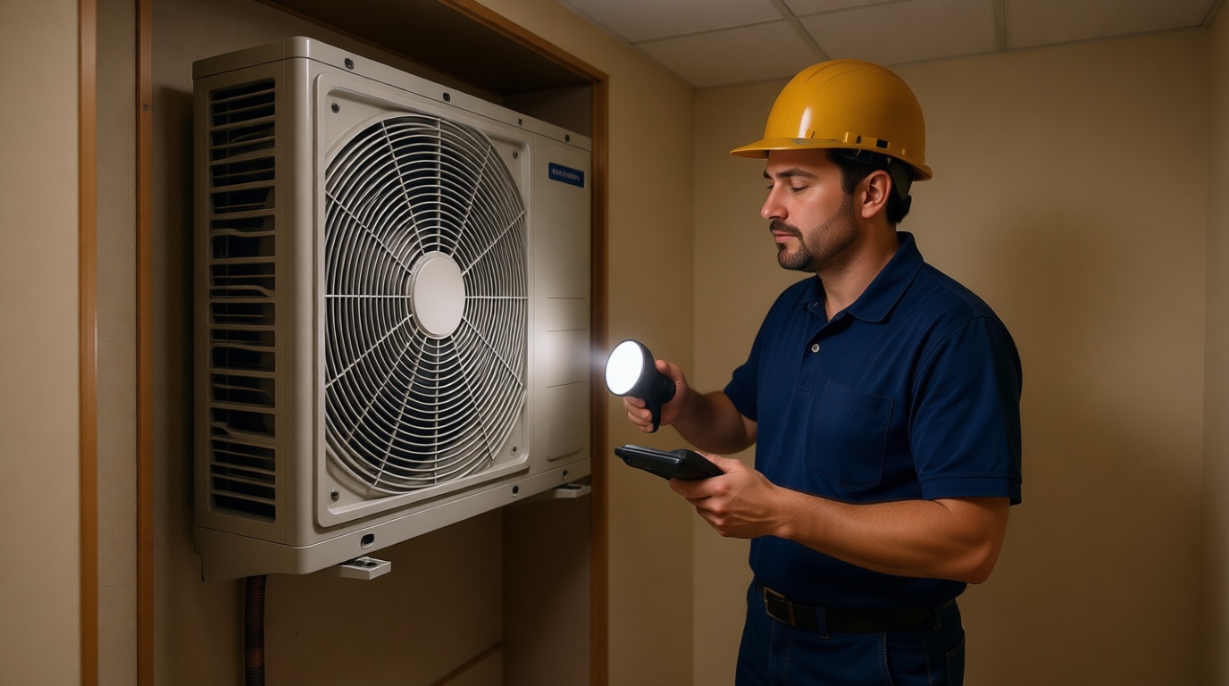 A Hudson HVAC technician inspecting a condo fan coil unit with a flashlight in a Toronto high-rise