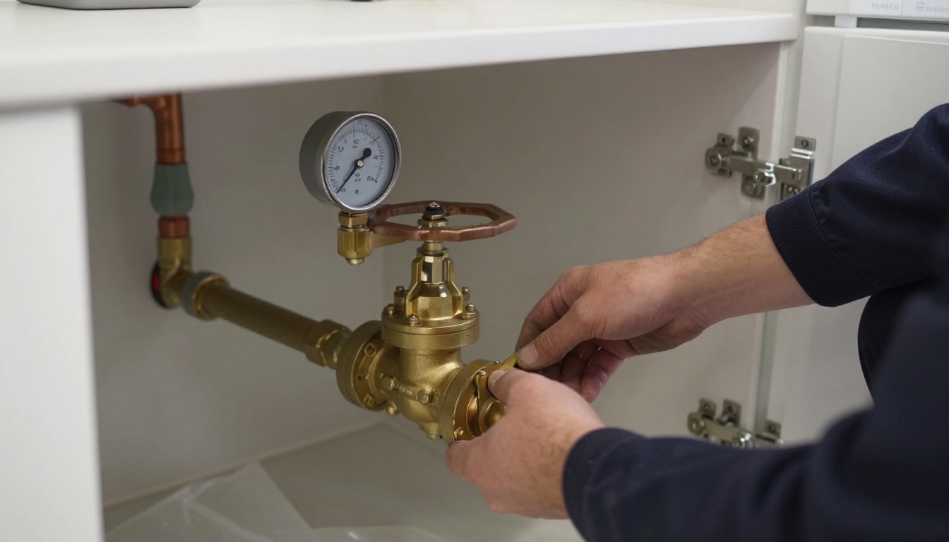 A condominium mechanical room with a plumber&rsquo;s gloved hands operating and tagging a large brass butterfly or gate isolation valve on a horizontal domestic water main, with a pressure gauge and copper piping visible nearby