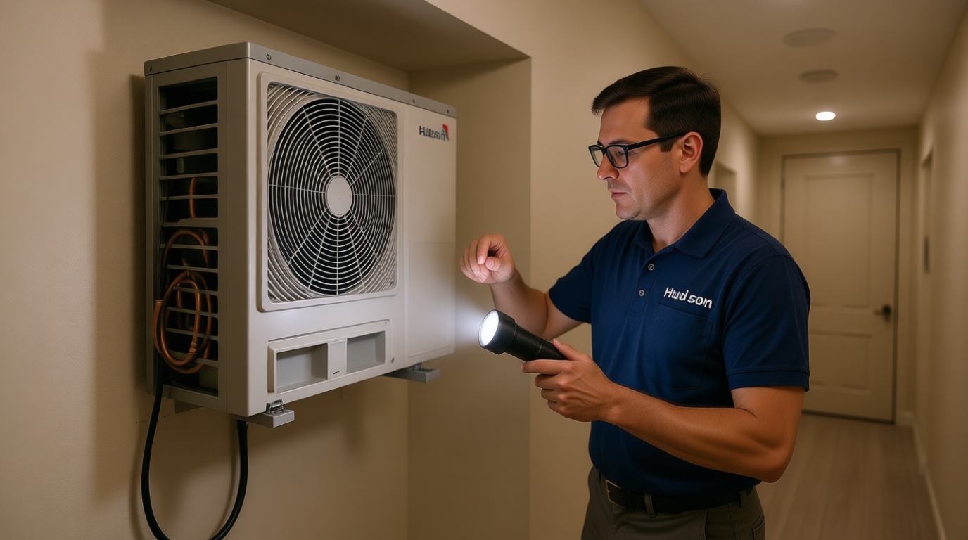 A Hudson HVAC technician inspecting a condo fan coil unit with a flashlight in a Toronto high-rise