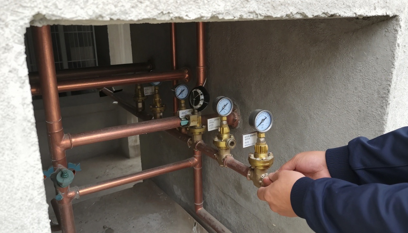 Mechanical room domestic water piping with aging copper risers, brass isolation valves and pressure reducing equipment in a multi-residential building