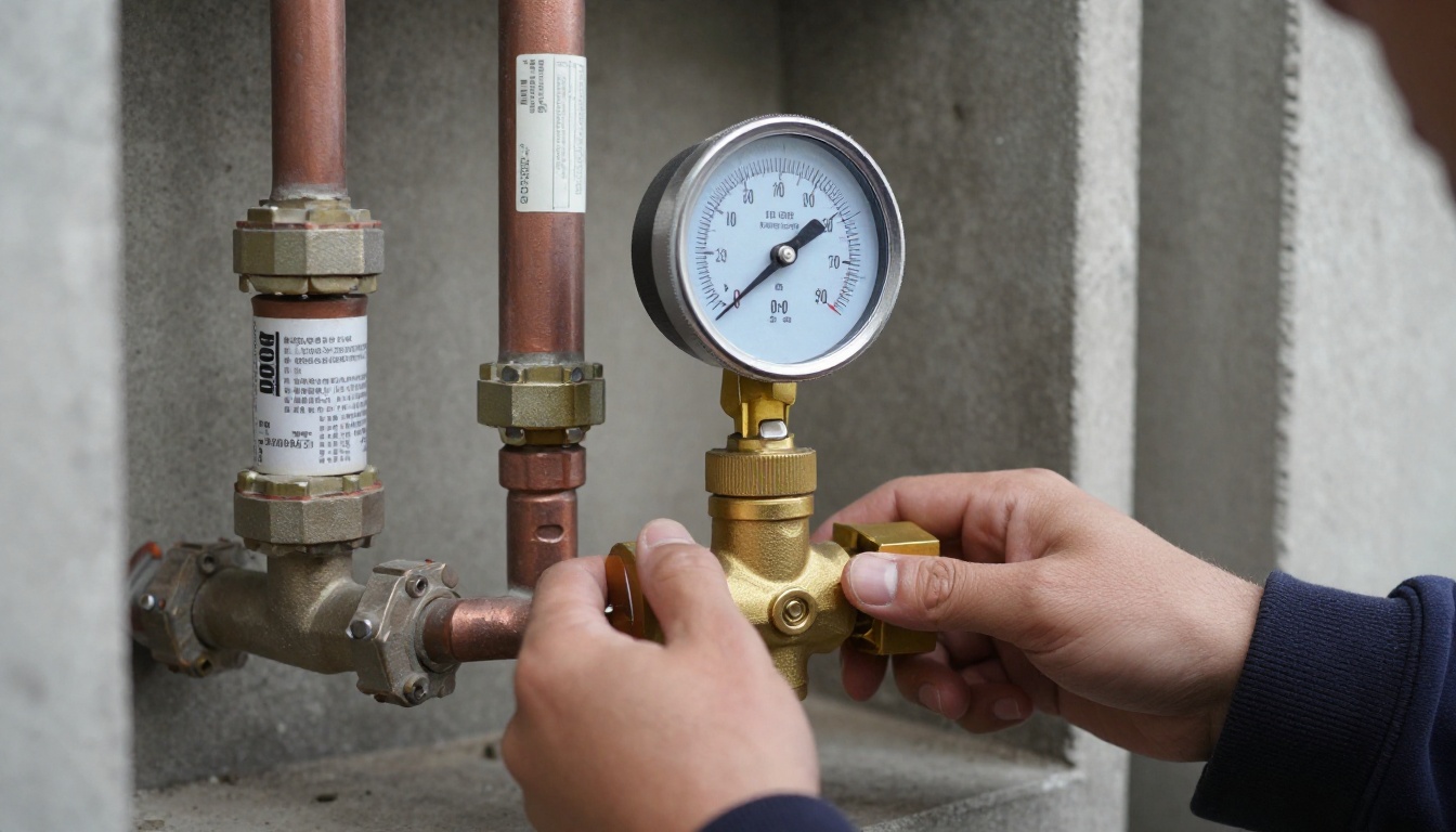 Close-up of a brass pressure reducing valve with pressure gauge on a copper domestic water line in a Toronto condominium mechanical room