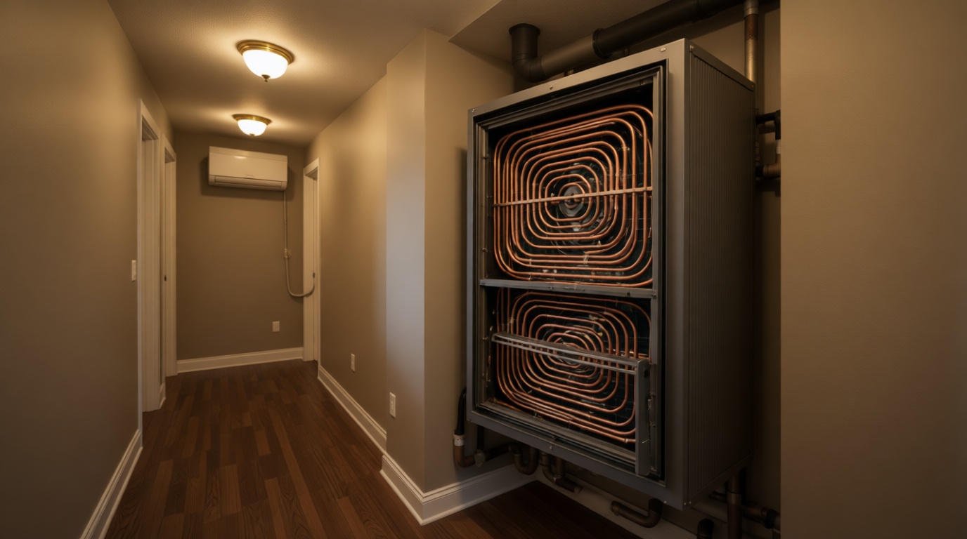 Close-up of a frozen condensate line on a fan coil unit during a Toronto winter Close-up of a frozen condensate line on a fan coil unit during a Toronto winter