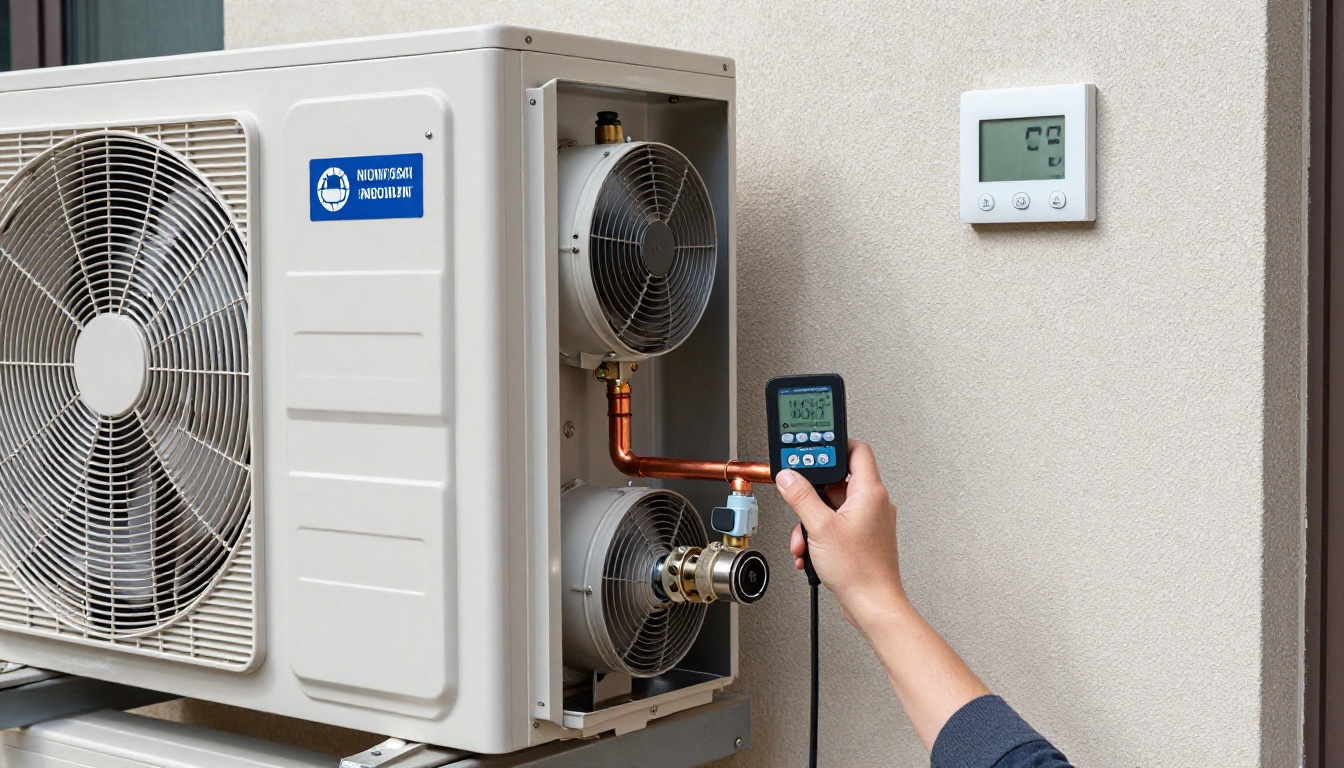 Close-up of a reversing valve in a heat pump with diagnostic tools in a Toronto condo setting