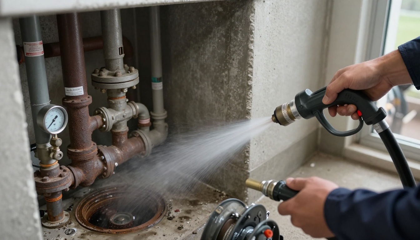 A plumber's gloved hands feeding a high-pressure jetting hose into a 4-inch cast iron kitchen stack cleanout in a condominium service room, with the dull grey pipe, cleanout cap, and hose reel clearly visible A plumber’s gloved hands feeding a high-pressure jetting hose into a 4-inch cast iron kitchen stack cleanout in a condominium service room, with the dull grey pipe, cleanout cap, and hose reel clearly visible