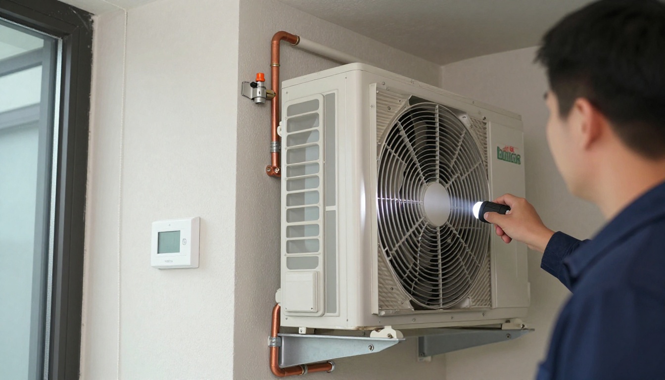 A Hudson HVAC technician inspecting a condo fan coil unit with a flashlight in a Toronto high-rise A Hudson HVAC technician inspecting a condo fan coil unit with a flashlight in a Toronto high-rise