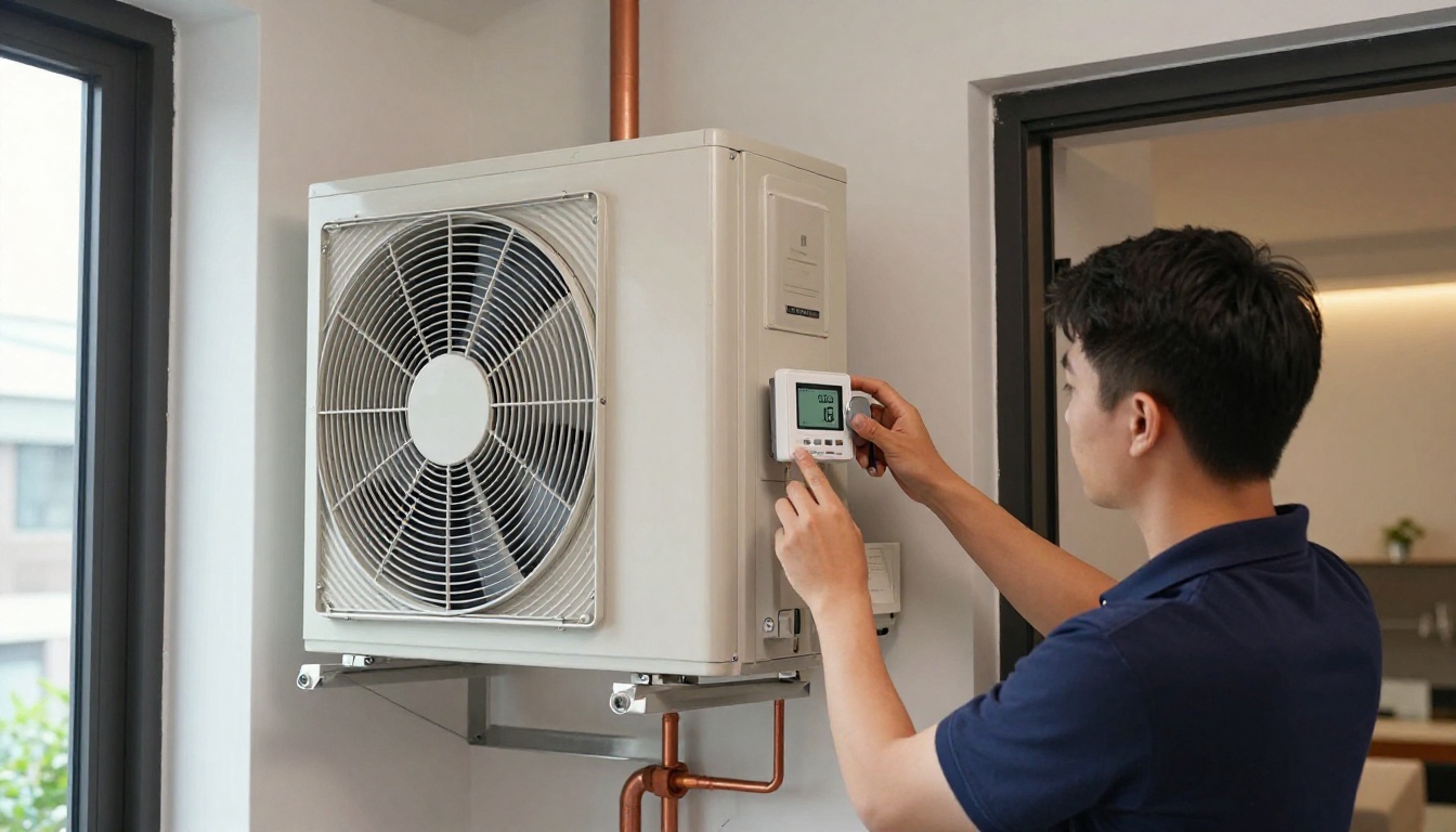 A Hudson HVAC technician installing a smart thermostat in a modern Toronto condo interior A Hudson HVAC technician installing a smart thermostat in a modern Toronto condo interior