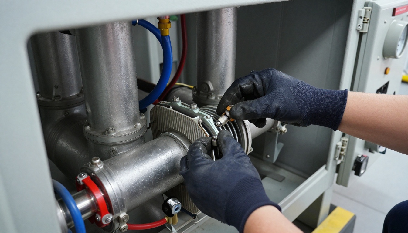 Technician wearing dark navy gloves servicing a plate heat exchanger in a condo mechanical room, hands inspecting plate pack and tie bolts during maintenance, no face visible