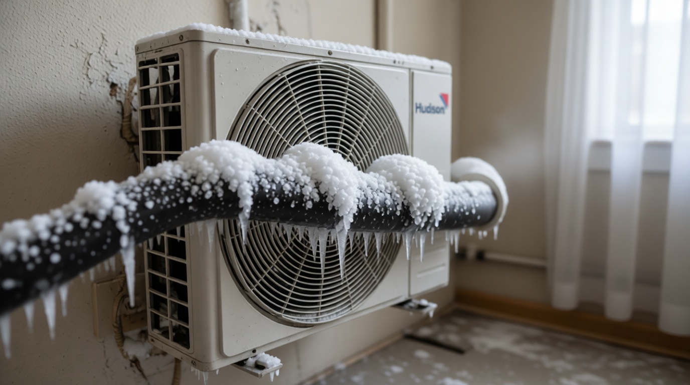 Close-up of a frozen condensate line on a fan coil unit during a Toronto winter Close-up of a frozen condensate line on a fan coil unit during a Toronto winter