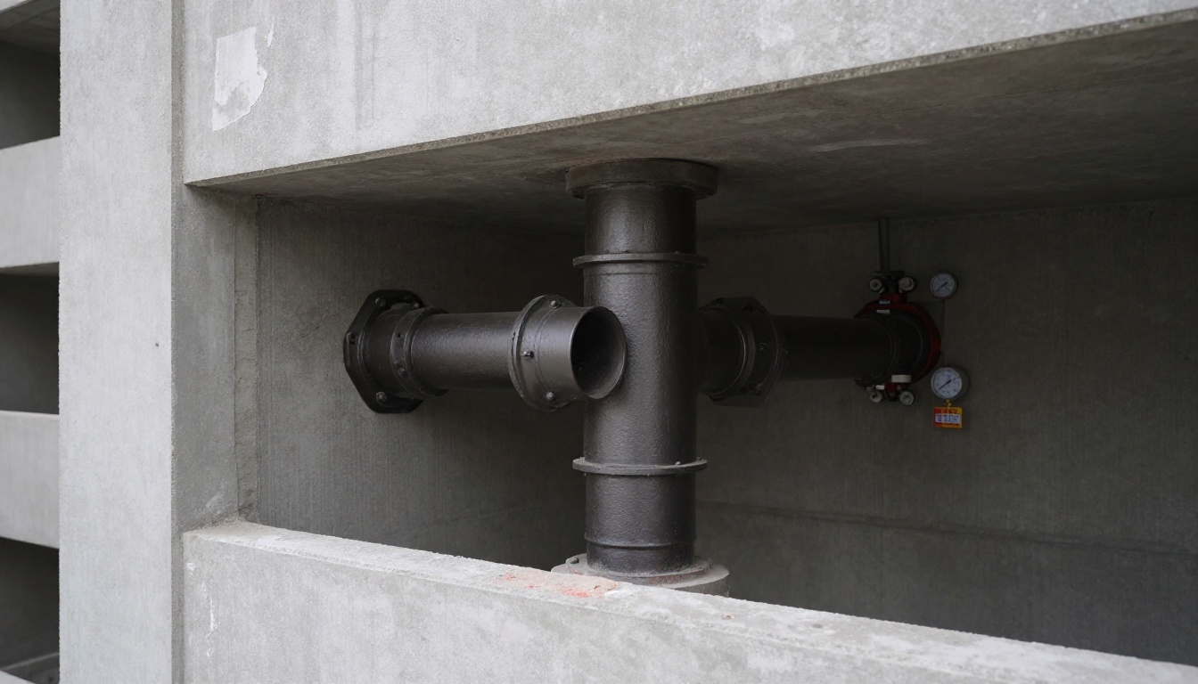 An opened condominium suite wall showing a vertical no-hub cast iron sanitary stack replacement with shielded couplings and firestopping, surrounded by dust protection and drop sheets