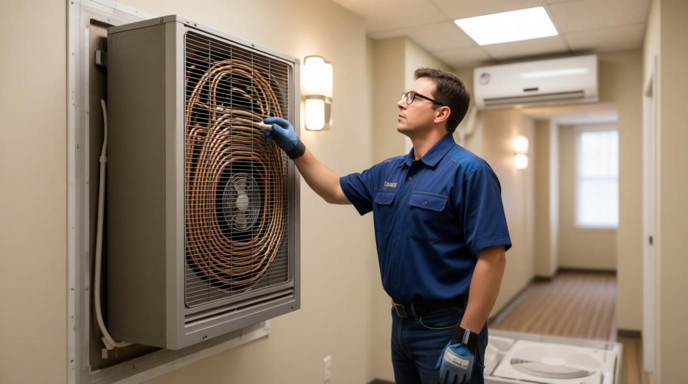 A Hudson HVAC technician inspecting a vertical stack in a Toronto condo building A Hudson HVAC technician inspecting a vertical stack in a Toronto condo building
