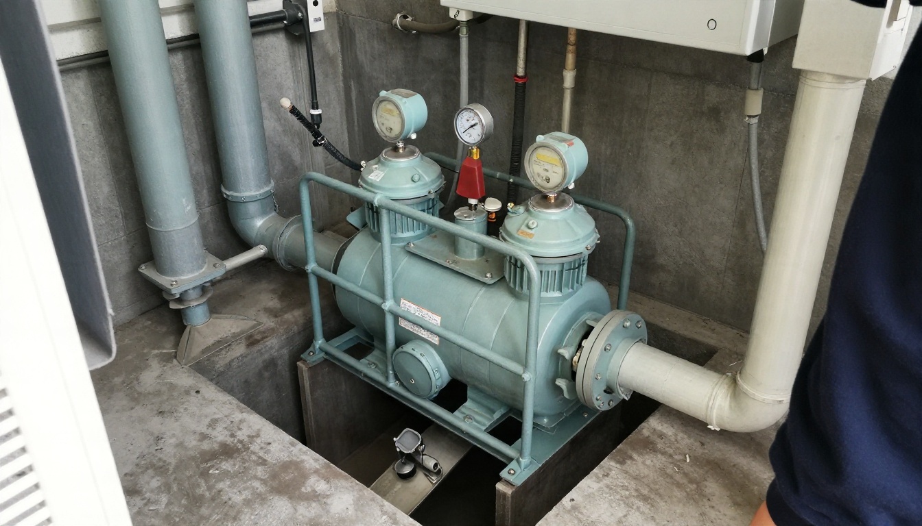 Open condominium sewage ejector pit in a mechanical room with duplex pumps, guide rails, float controls and discharge piping with check valves, no people