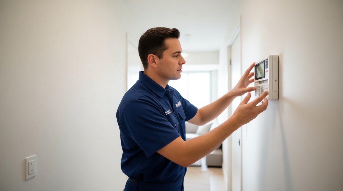 A Hudson HVAC technician inspecting a condo thermostat in a modern Toronto condo suite