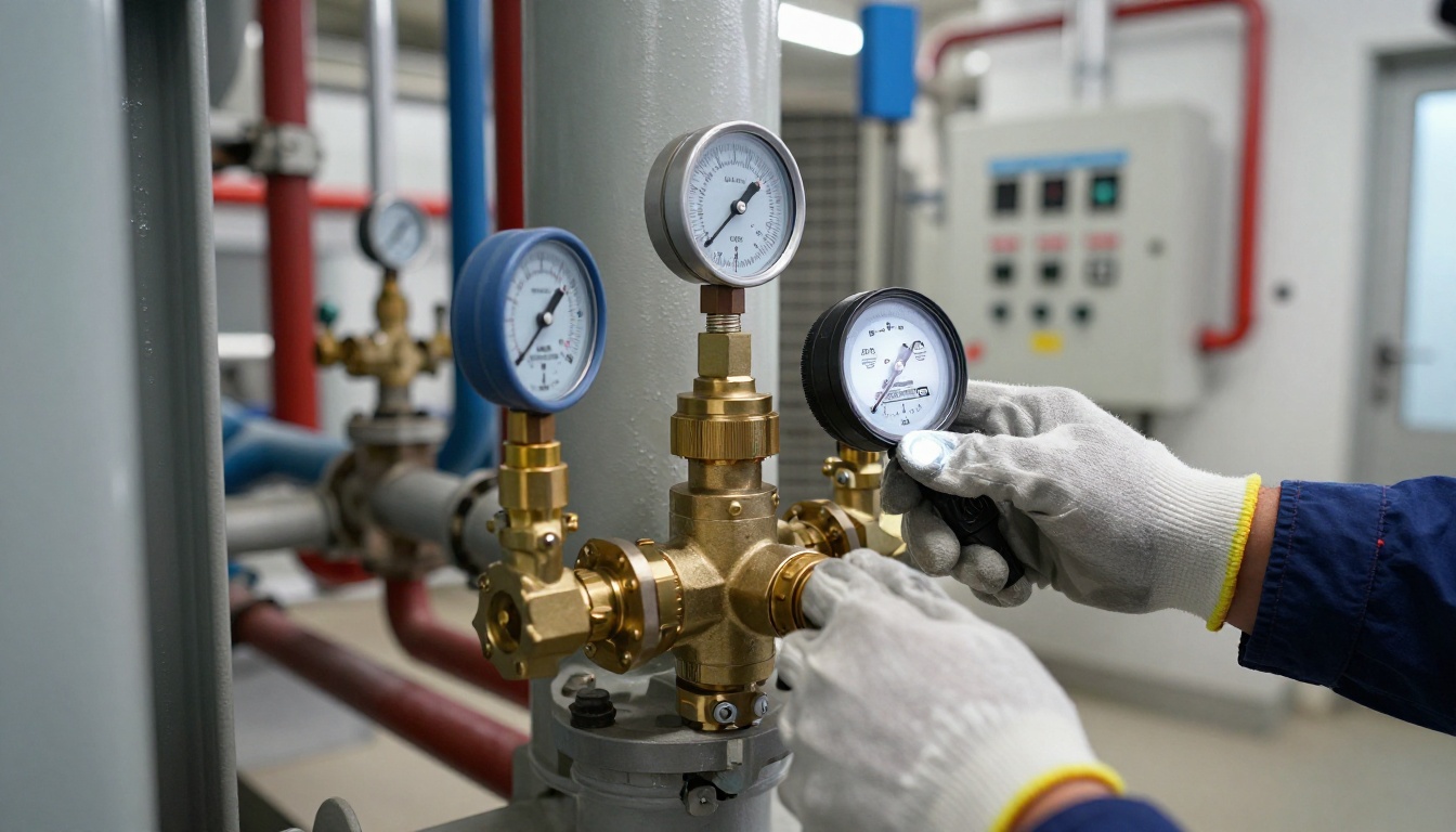 Close-up of a condo boiler pressure relief valve, inspection tag, and brass fittings in a Toronto mechanical room, with a technician’s gloved hand and flashlight visible from the side Close-up of a condo boiler pressure relief valve, inspection tag, and brass fittings in a Toronto mechanical room, with a technician’s gloved hand and flashlight visible from the side