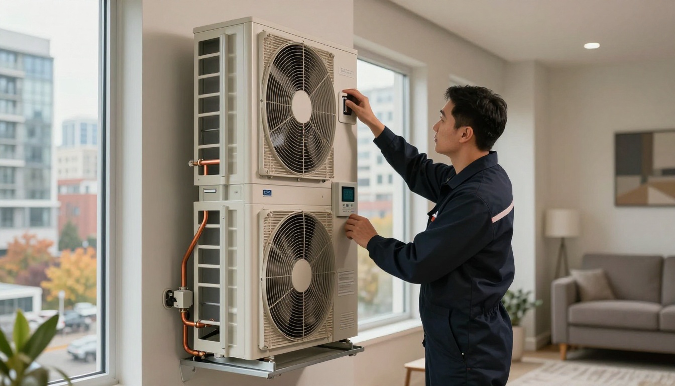 A Hudson HVAC technician in a navy uniform checking airflow and humidity at a vertical condo fan coil cabinet beside a modern Toronto condo window, autumn city skyline outside, photorealistic