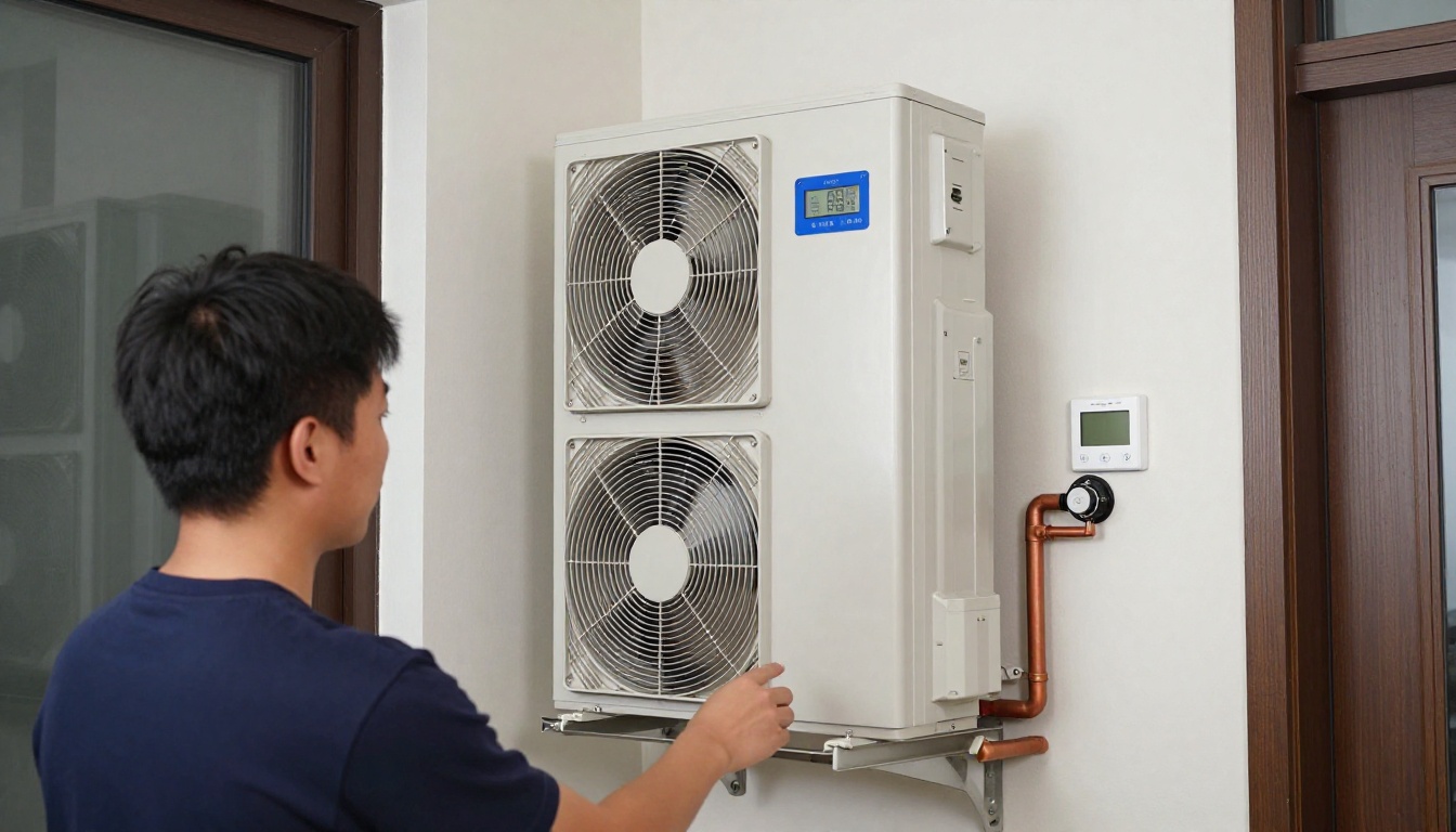 A technician adjusting a fan coil unit in a Vaughan condo