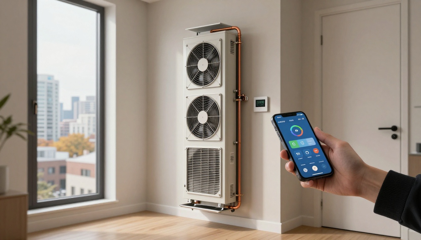 A Toronto condo resident hallway closet with a tall vertical fan coil unit, filter partially removed and a smartphone decibel app visible nearby, clean modern interior, fall daylight through condo windows A Toronto condo resident hallway closet with a tall vertical fan coil unit, filter partially removed and a smartphone decibel app visible nearby, clean modern interior, fall daylight through condo windows