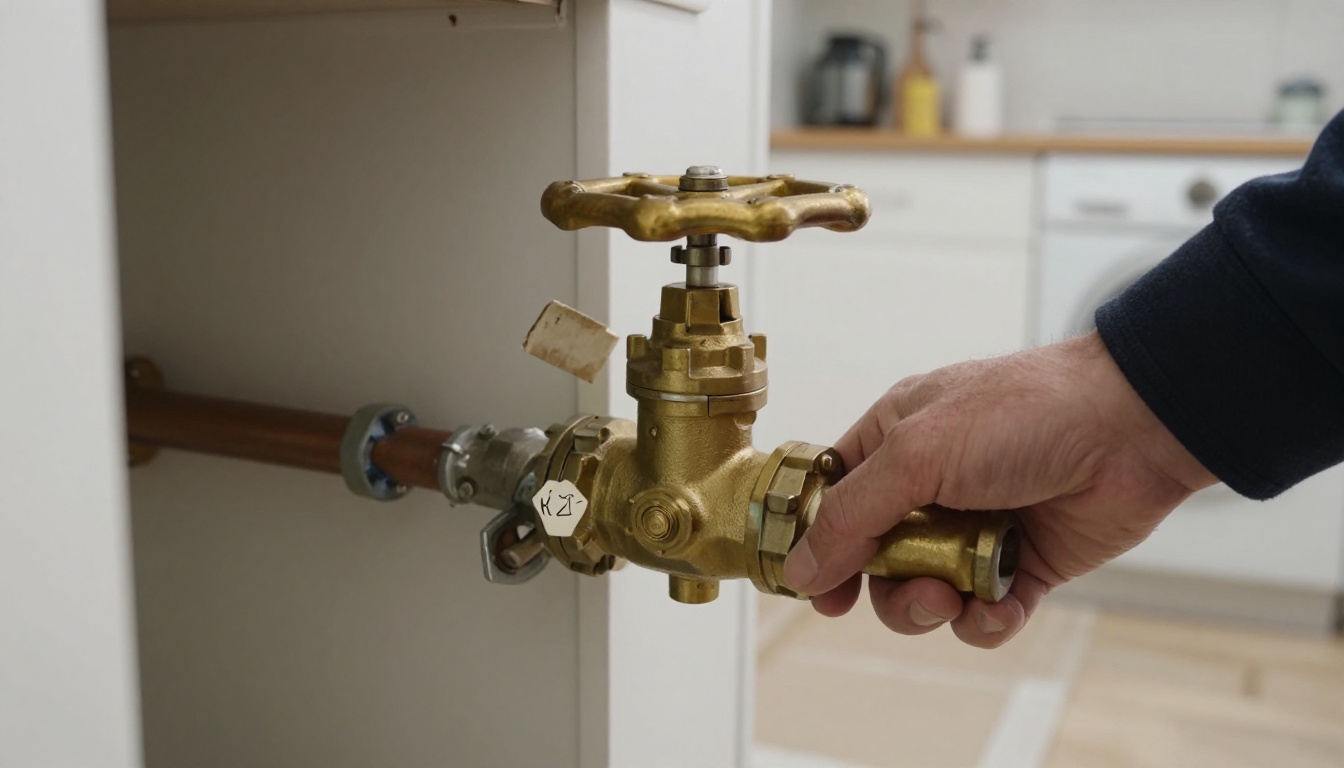 Close-up of an older brass gate valve with a corroded handwheel on a domestic water line in a condominium riser closet, with a missing or faded valve tag and nearby copper piping insulation
