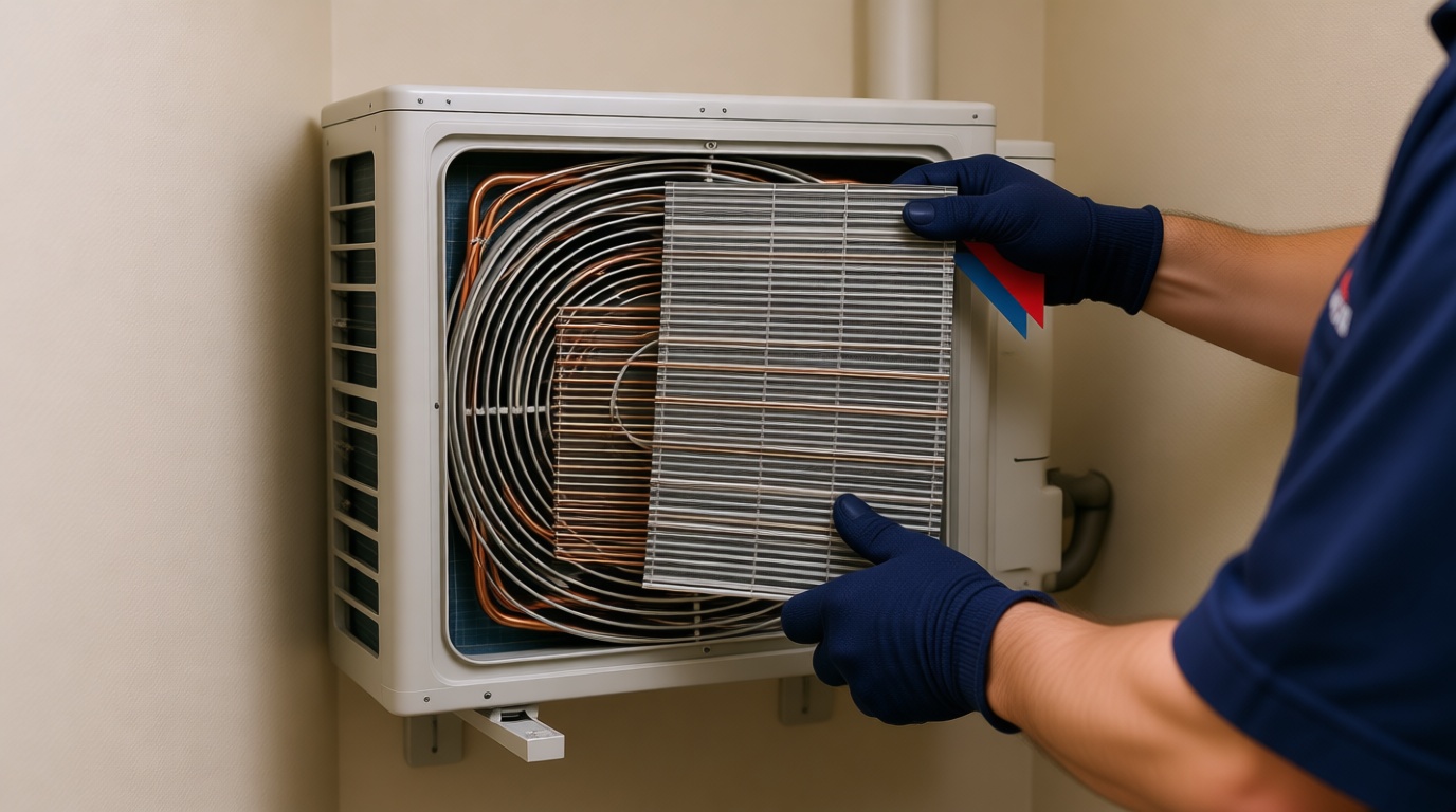 A technician&rsquo;s hands in navy gloves replacing an HVAC filter in a condo fan coil unit.