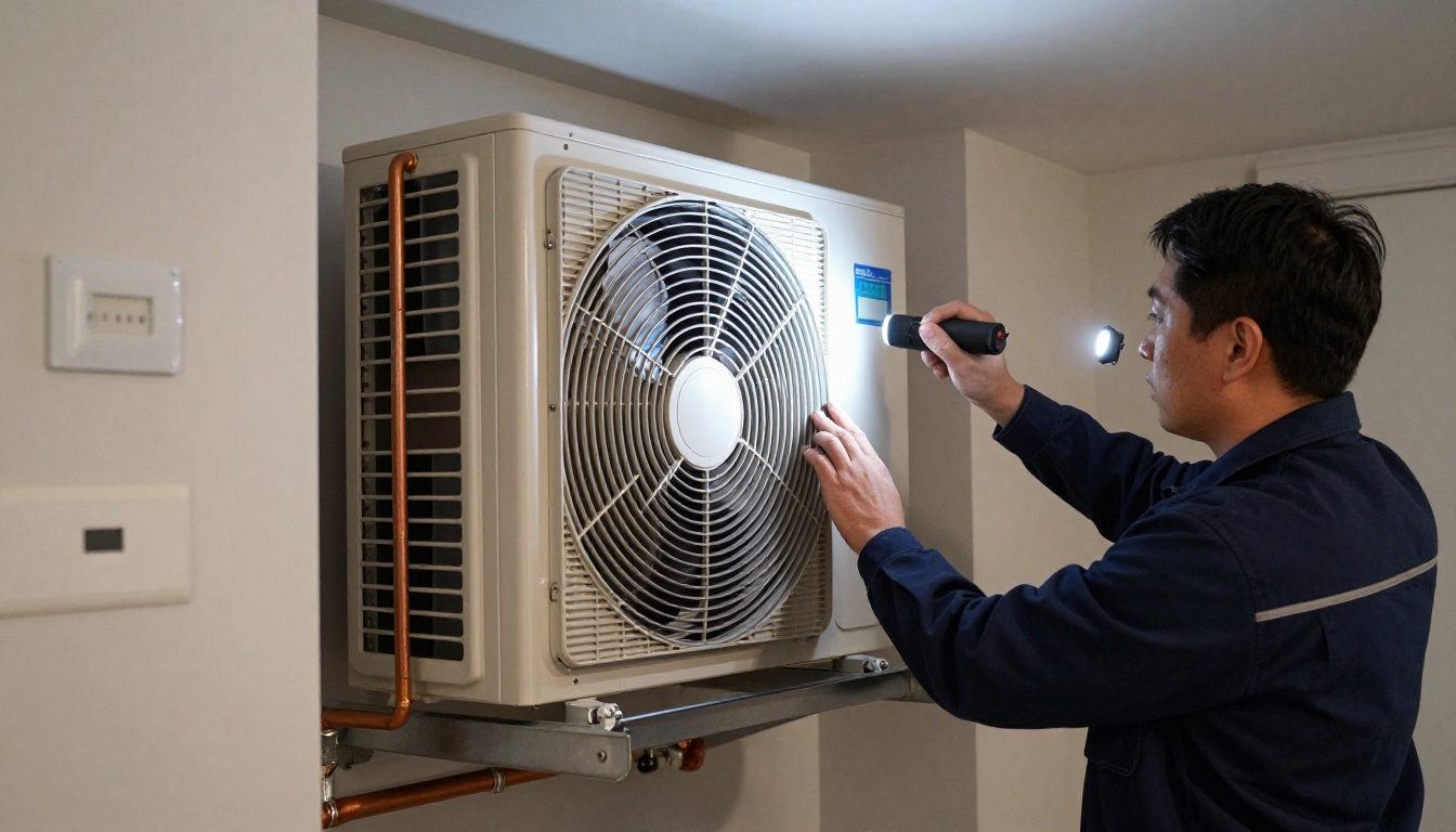 A Hudson HVAC technician inspecting a condo fan coil unit with a flashlight in a Toronto high-rise A Hudson HVAC technician inspecting a condo fan coil unit with a flashlight in a Toronto high-rise