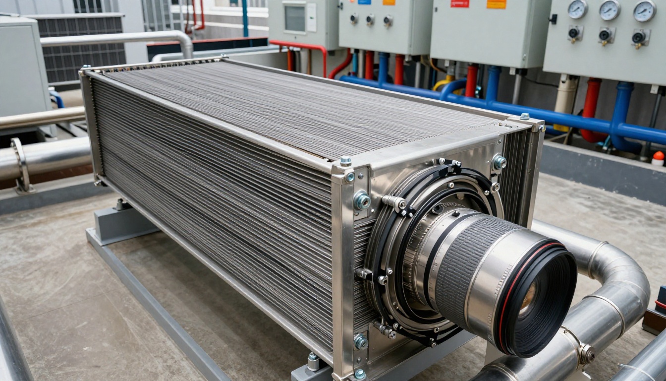 Extreme close-up of a plate heat exchanger installed in a Toronto condo mechanical room, showing stacked stainless plates, tie bolts, gaskets, and connected hydronic piping for identification