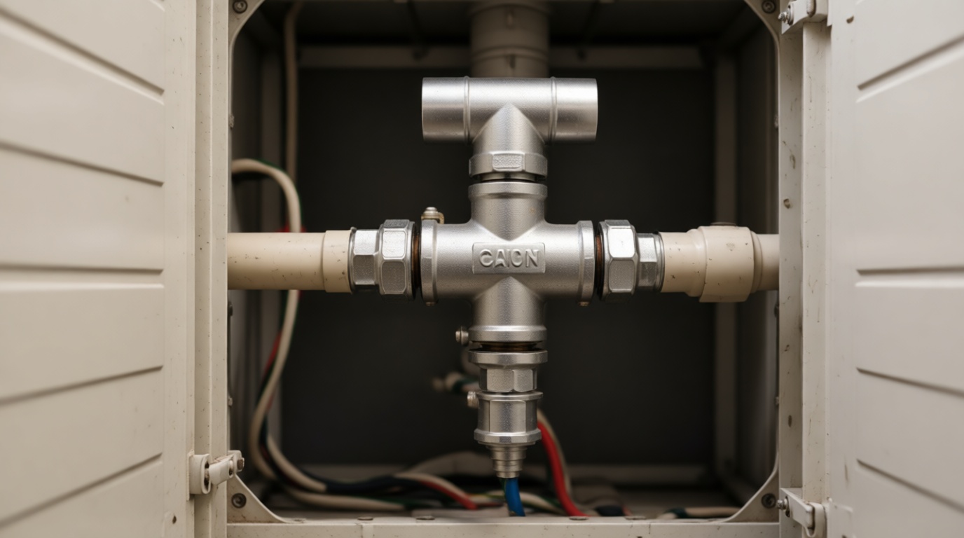 Close-up of a 3-way valve inside a fan coil unit, showing its T-shaped configuration and pipe connections. Close-up of a 3-way valve inside a fan coil unit, showing its T-shaped configuration and pipe connections.