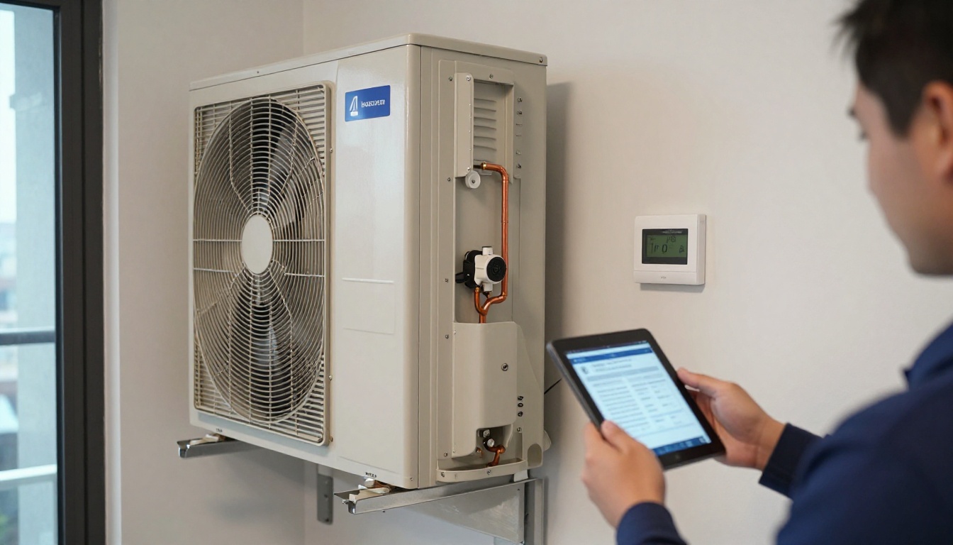 A Hudson HVAC technician inspecting a condo fan coil unit with a tablet, showcasing digital report software in a Toronto high-rise.