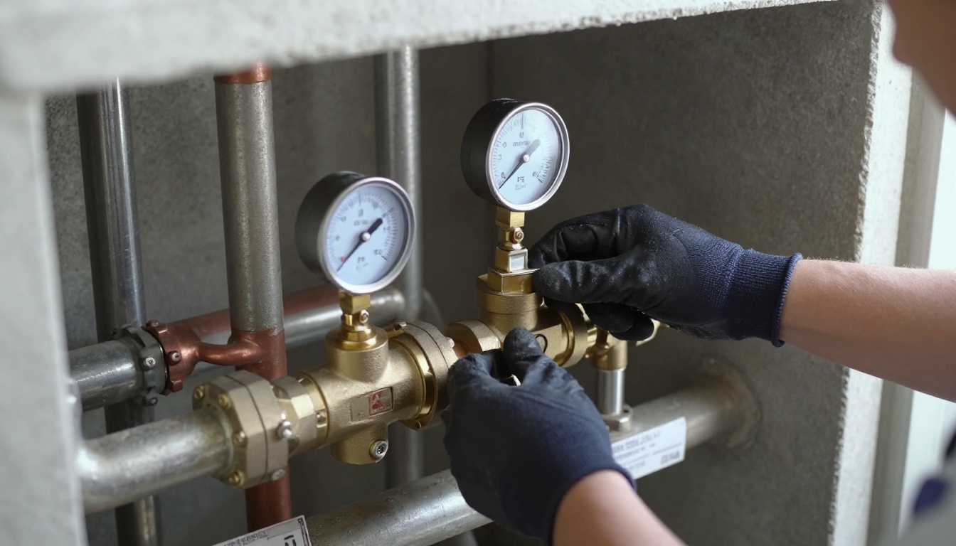 A licensed plumber adjusting and testing outlet pressure on a commercial brass pressure reducing valve station in a high-rise mechanical room, with gauges visible and copper piping in the background