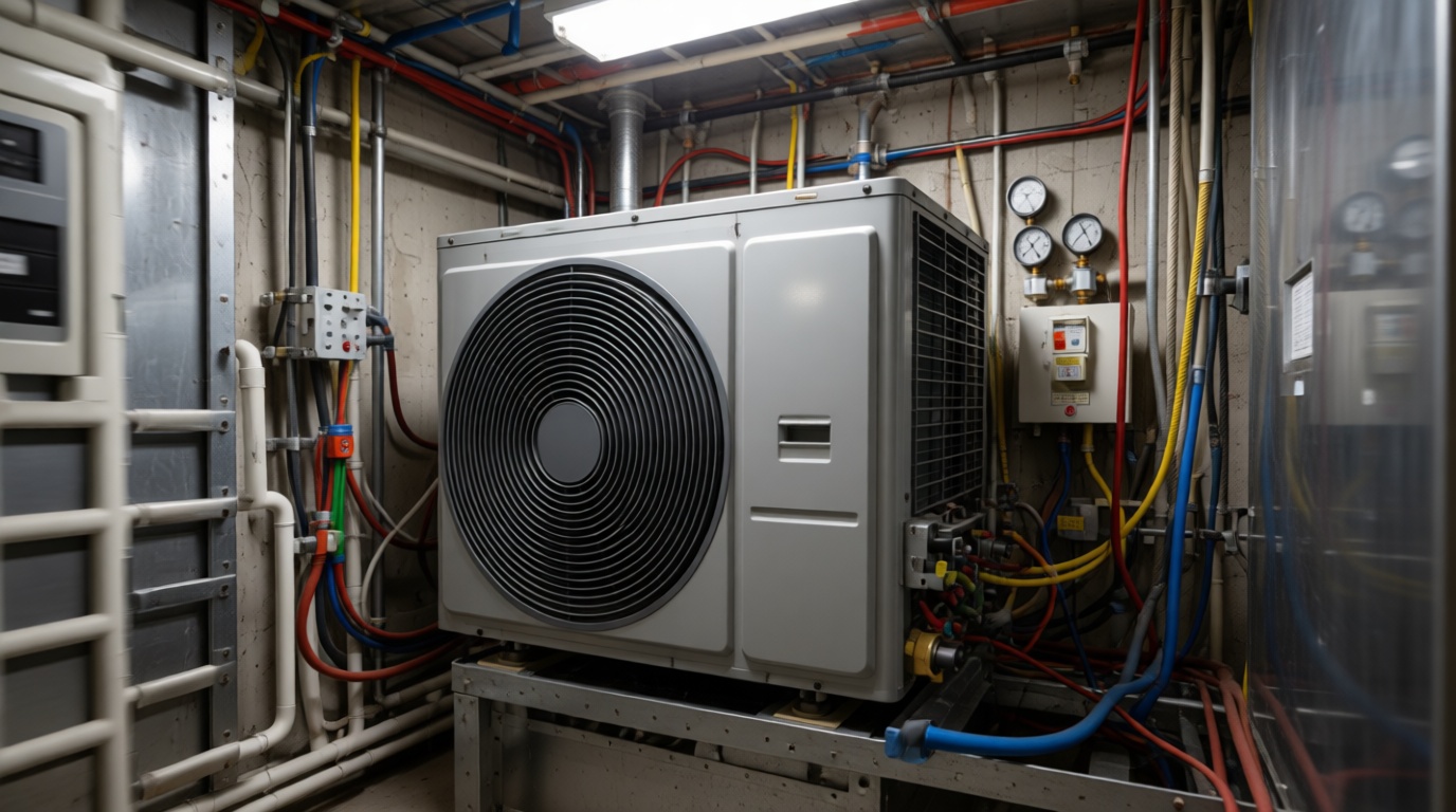 Close-up of a heat pump compressor installed inside a Toronto condo unit.