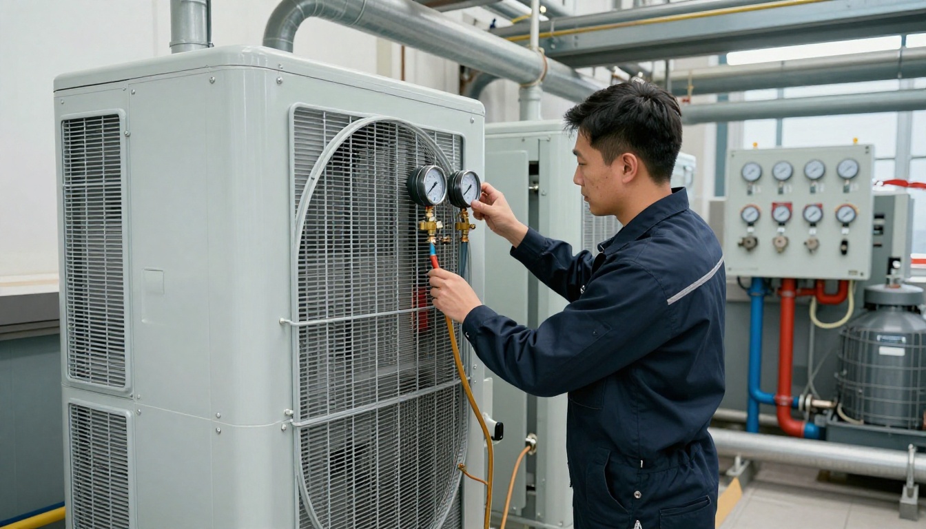 A Hudson HVAC technician in a dark navy uniform inspecting condo boiler controls and pressure gauges in a clean Toronto high-rise mechanical room, close-up on gauges, copper piping, and safety devices A Hudson HVAC technician in a dark navy uniform inspecting condo boiler controls and pressure gauges in a clean Toronto high-rise mechanical room, close-up on gauges, copper piping, and safety devices
