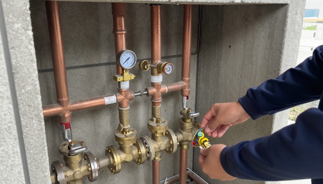 Mechanical room domestic water entry with brass pressure control valves on copper mains, gauges, isolation valves and clean organized piping in a condominium building