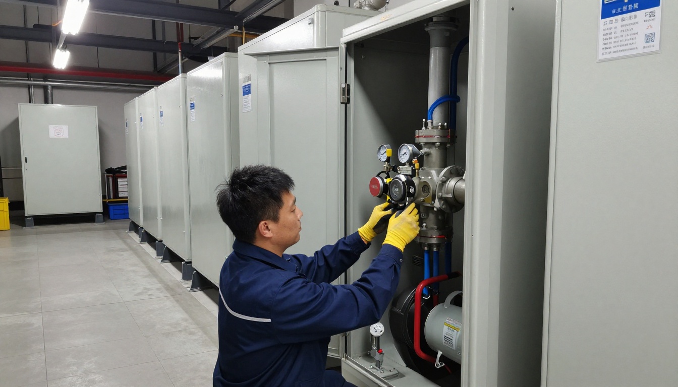 Technician in navy gloves adjusting a balancing valve in a condo HVAC unit Technician in navy gloves adjusting a balancing valve in a condo HVAC unit