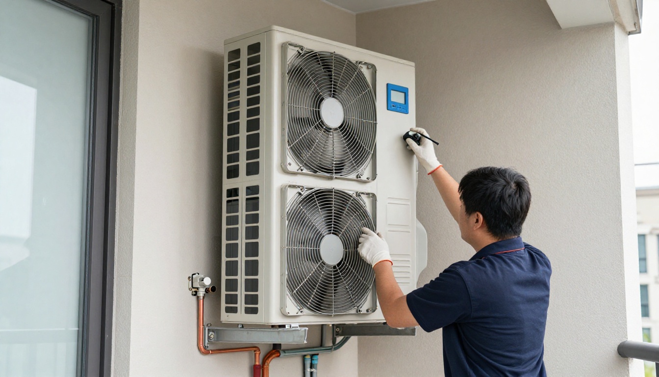 A tall vertical condo fan coil unit inside a modern Toronto condo closet with the access panel removed, showing the blower section, hydronic coil, copper piping, and a technician&rsquo;s gloved hands inspecting the actuator