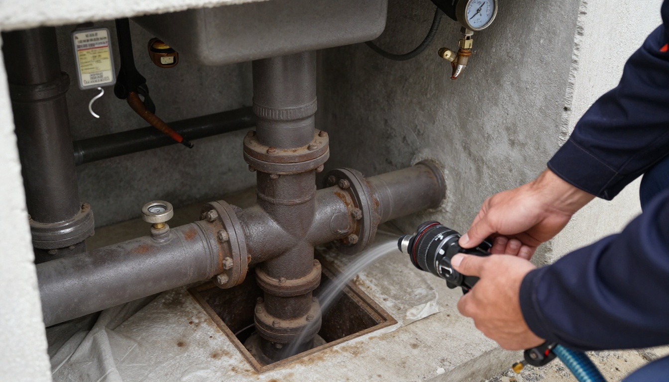 A high-pressure jetting hose feeding into a 4-inch cast iron kitchen stack cleanout in a condominium service room, with the dull grey pipe, cleanout cap, hose reel and protective floor covering clearly visible