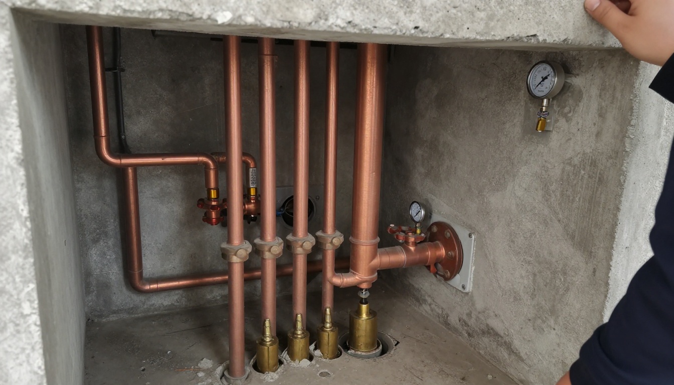 Brass trap primer or small water supply assembly feeding floor drains in a condominium mechanical room ceiling, with copper piping, isolation valves and clean organized service access