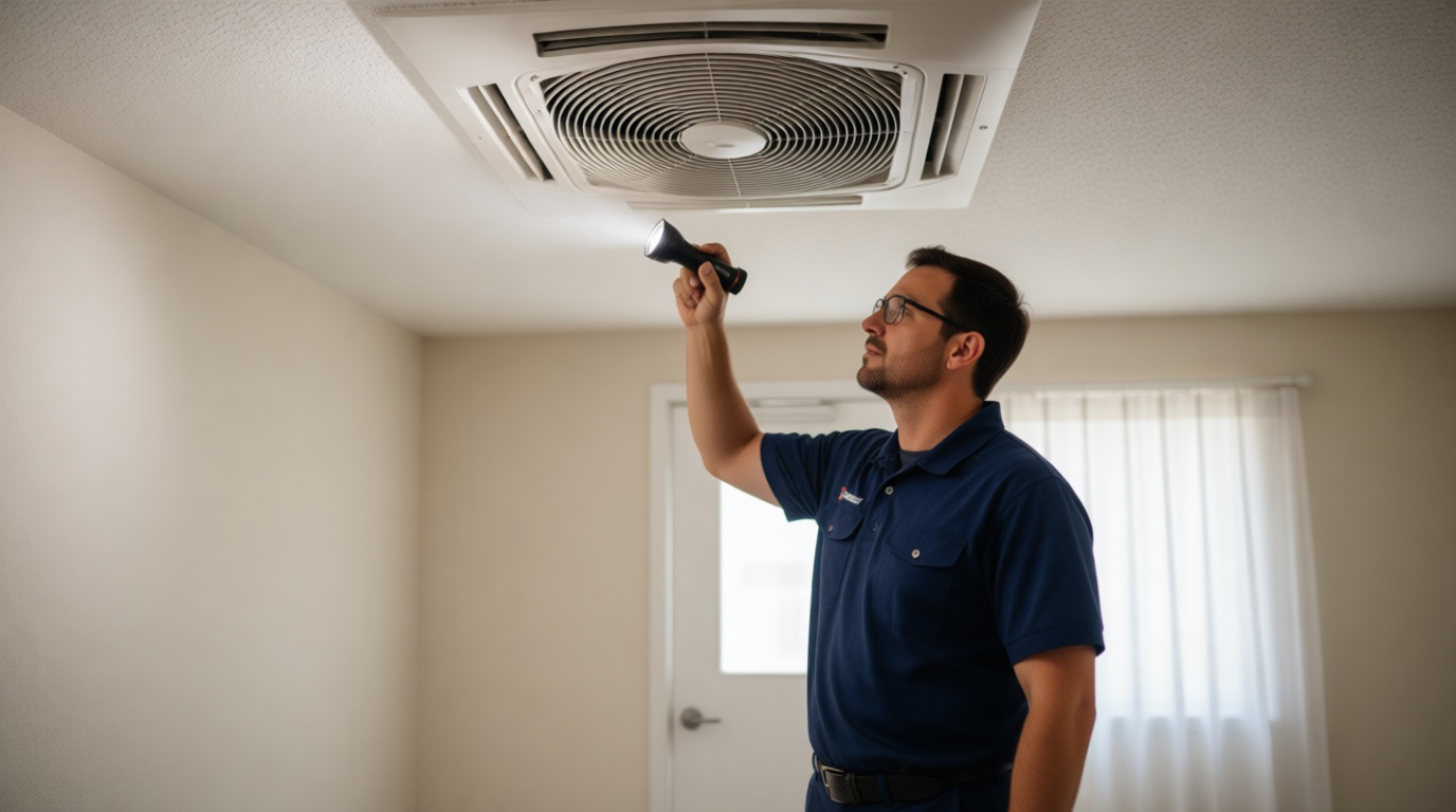 A Hudson HVAC technician inspecting a condo fan coil unit with a flashlight in a Toronto high-rise