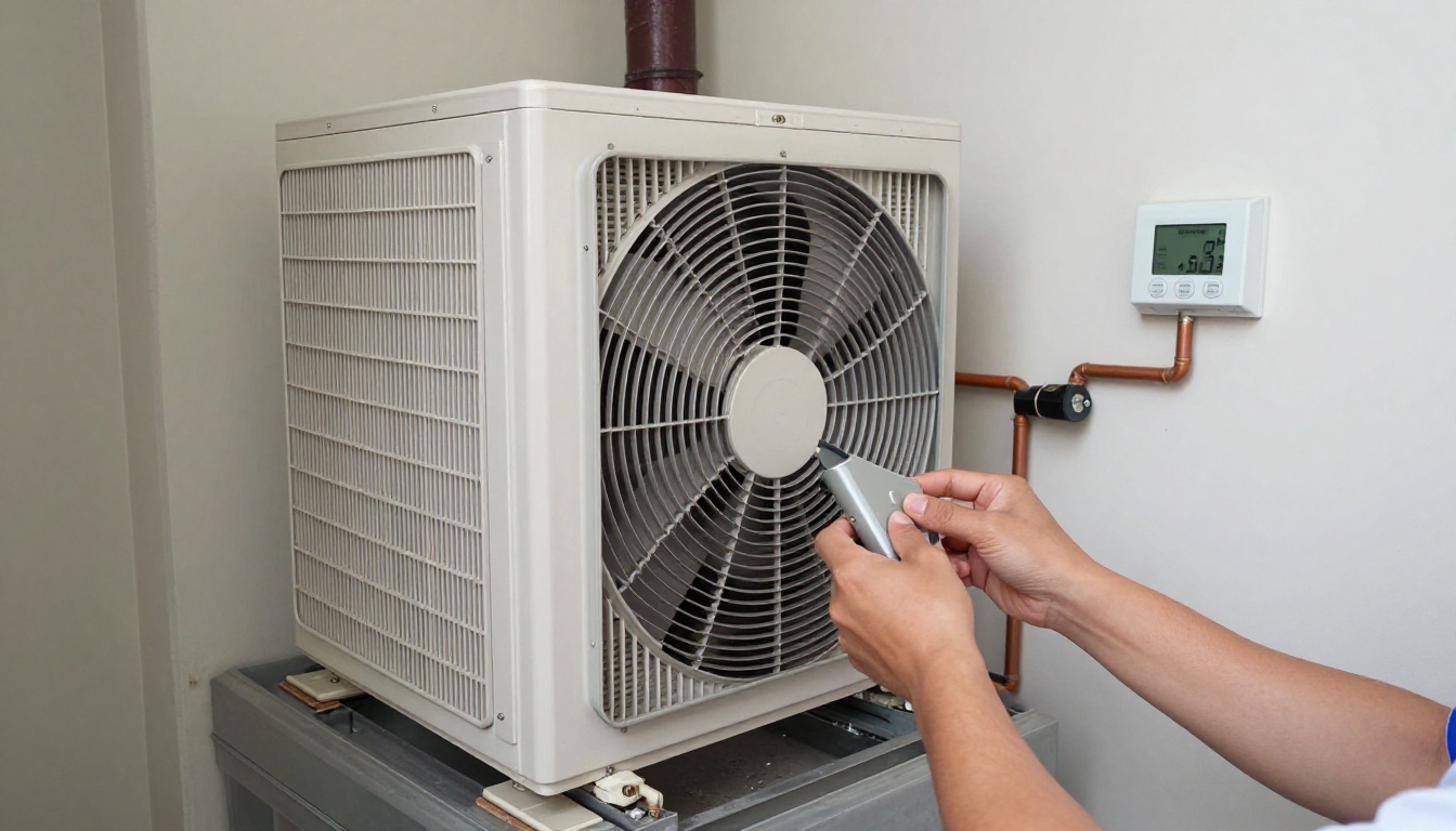 Close-up of a technician's hands replacing a pleated air filter in a condo fan coil unit, with tools nearby Close-up of a technician’s hands replacing a pleated air filter in a condo fan coil unit, with tools nearby