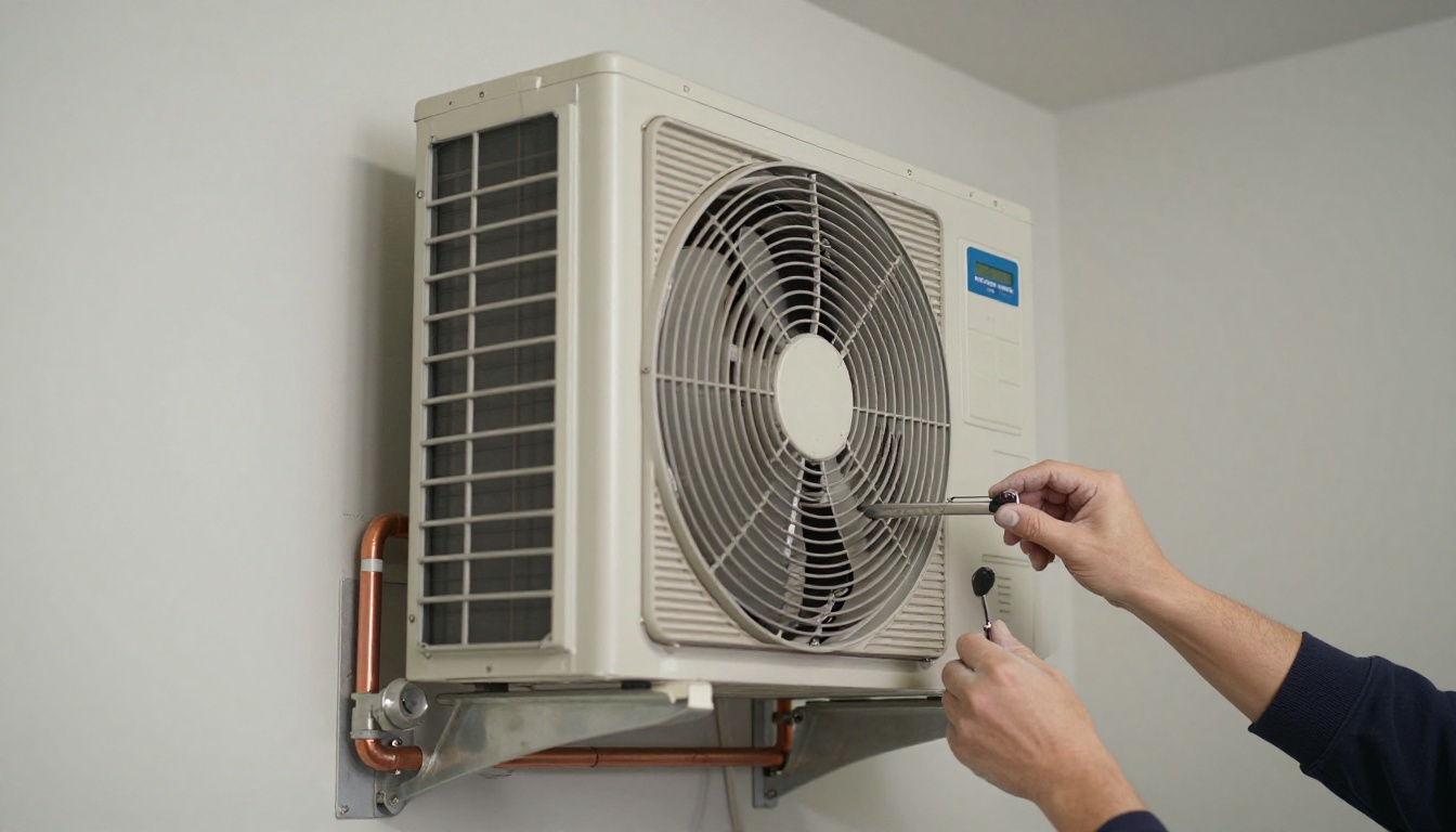 A close-up of a vertical Magic Pak condo HVAC unit with the front access panel open in a modern Toronto condo closet, showing blower section, filter slot, copper piping, and a technician's gloved hands inspecting components A close-up of a vertical Magic Pak condo HVAC unit with the front access panel open in a modern Toronto condo closet, showing blower section, filter slot, copper piping, and a technician’s gloved hands inspecting components