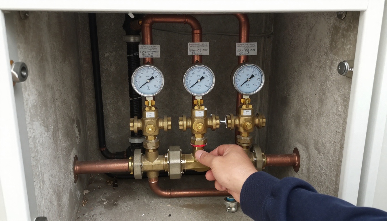 Brass pressure reducing valve and copper domestic water mains in a condominium mechanical room with gauges, isolation valves and clean organized piping