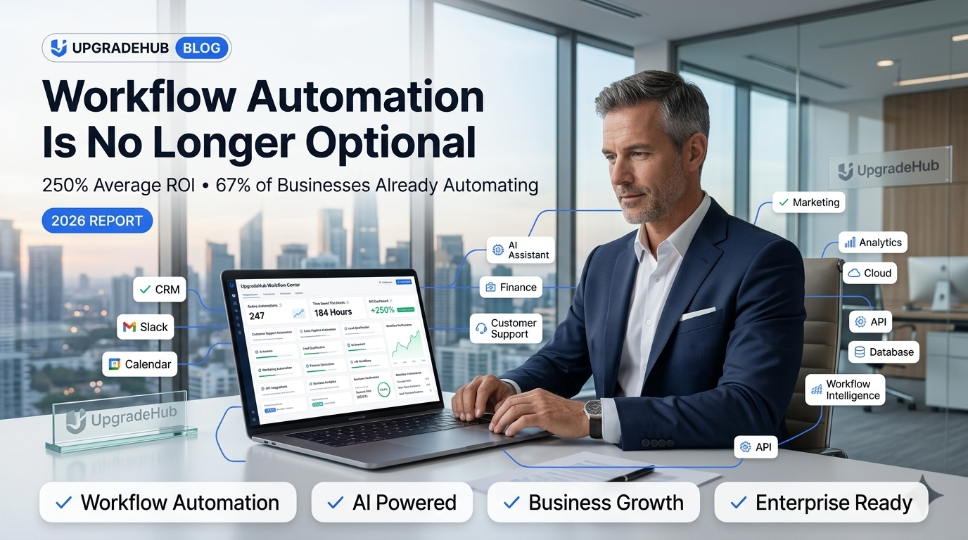Workflow automation dashboard showing 250% ROI, productivity gains, and cost reduction metrics for business in 2026