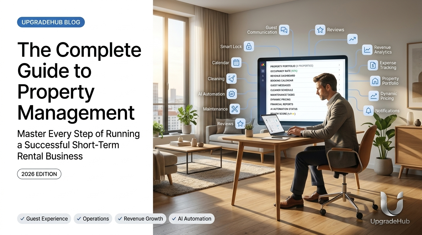 Complete guide to short-term rental property management showing checklist and automation tools