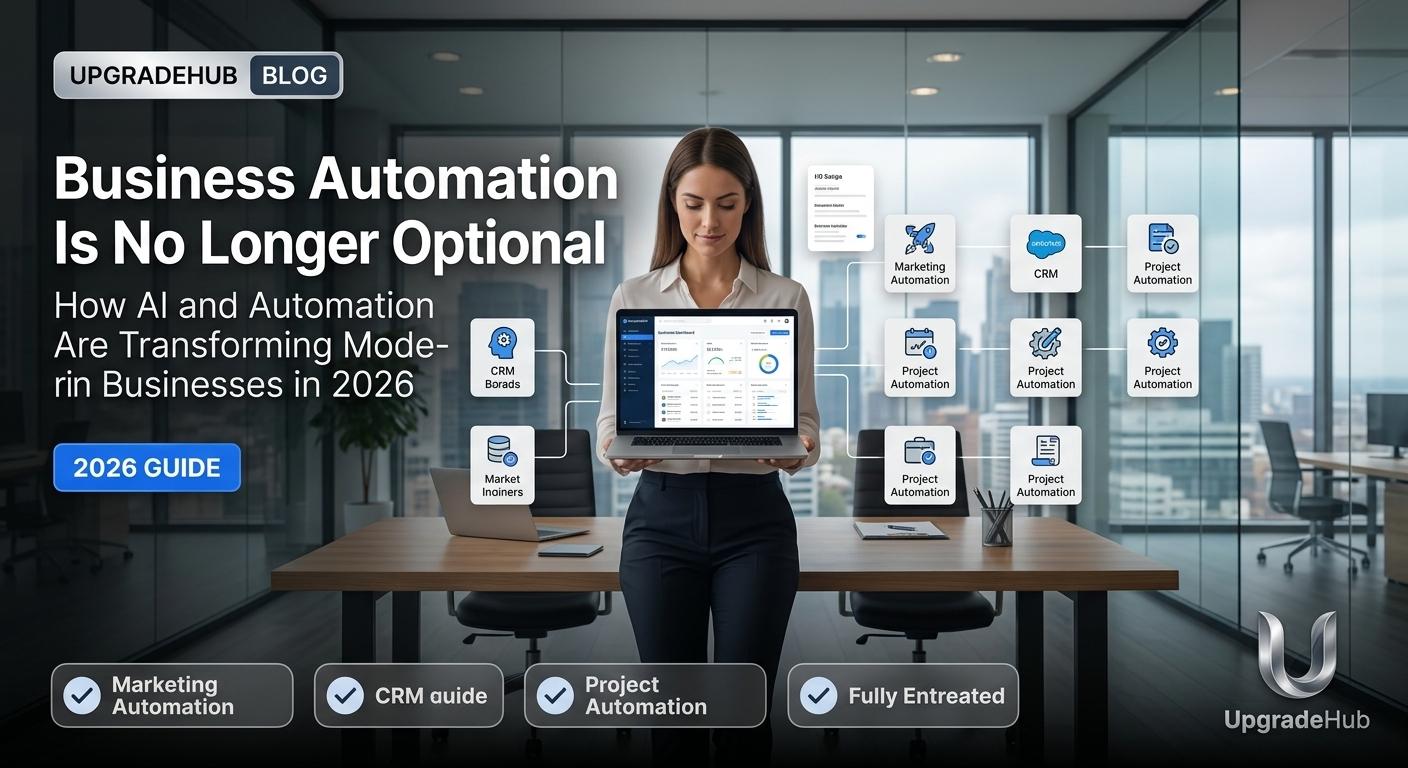 Modern business automation dashboard showing connected workflows, AI-powered task management, and productivity analytics
