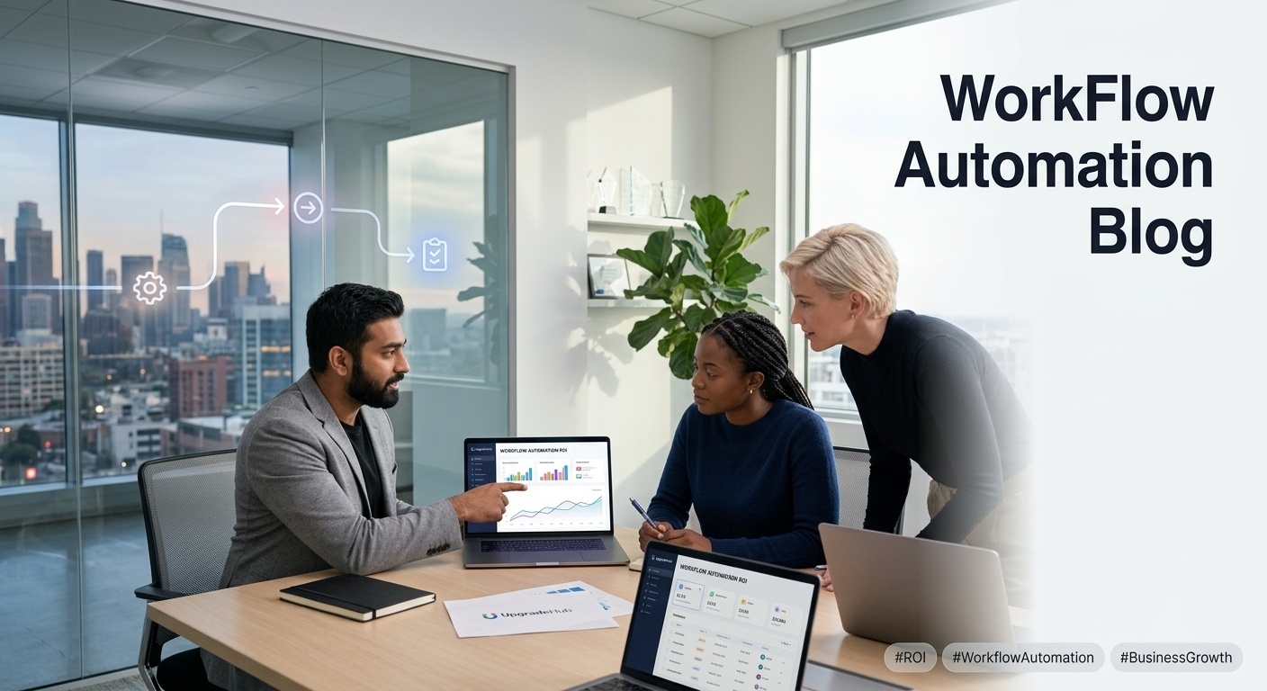 Business workflow automation dashboard showing productivity gains, cost savings, and ROI metrics in 2026