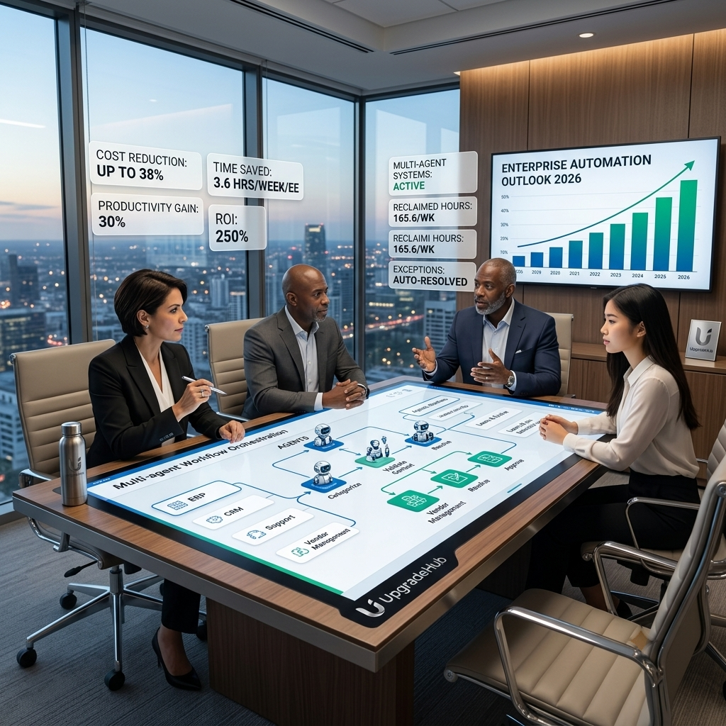 Workflow automation dashboard showing 250% ROI, productivity gains, and cost reduction metrics in 2026